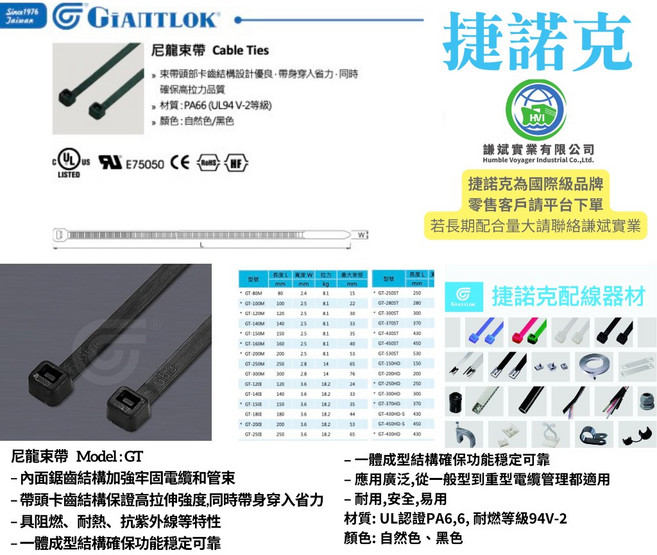 GIANTLOK 尼龍束帶 (250長 X 4.8mm寬) PA66 UL94V-2等級, 1個, 白色
