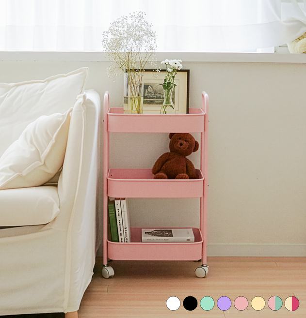 이동식 3단 철제 컬러 트롤리, 핑크