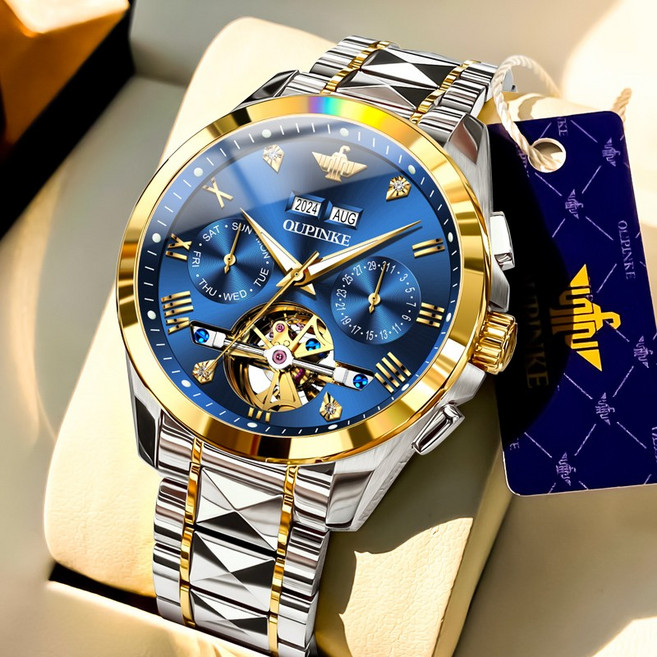 OUPINKE 남성 시계 정품 자동 기계식 오토매틱 럭셔리 명품 워터프루프 야광 일력 요일 메탈 다기능