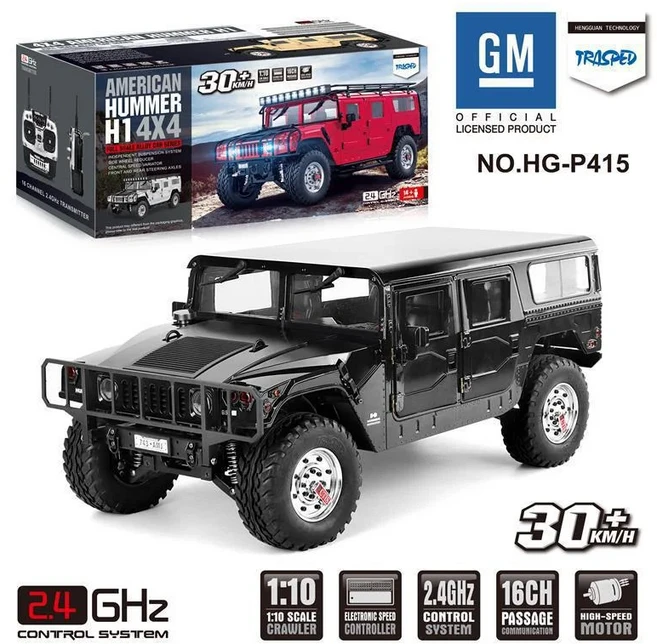 헹관 P415 1:10 스케일 민간용 험머 H1 RC 락 크롤러 4WD 오프로드 원격 조종 트레일 트럭 (디테일 바디 포, 01 P415 Black RTR