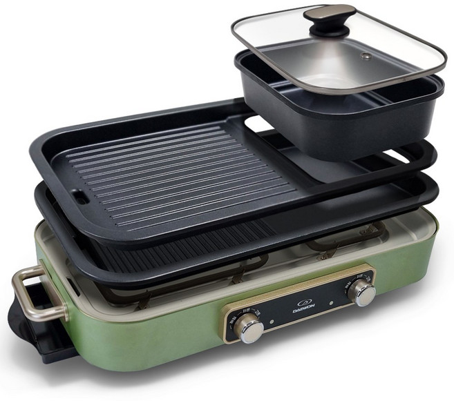 대원 와이드 47cm 대용량 전기 반반 멀티 그릴 가정용 캠핑용 잔치 팬 고기 불판, 카키 전골냄비 세트