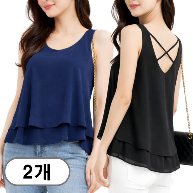 차쿠 1+1 여성 여름 이중 쉬폰 나시 중년 엄마 나시 시원한 민소매 블라우스 빅사이즈