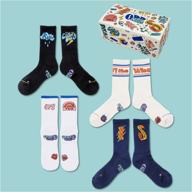 [오드삭스] 4개 선물세트B - 러닝양말 발목보호 기능성스포츠양말 크루삭스, 혼합모노, 1개