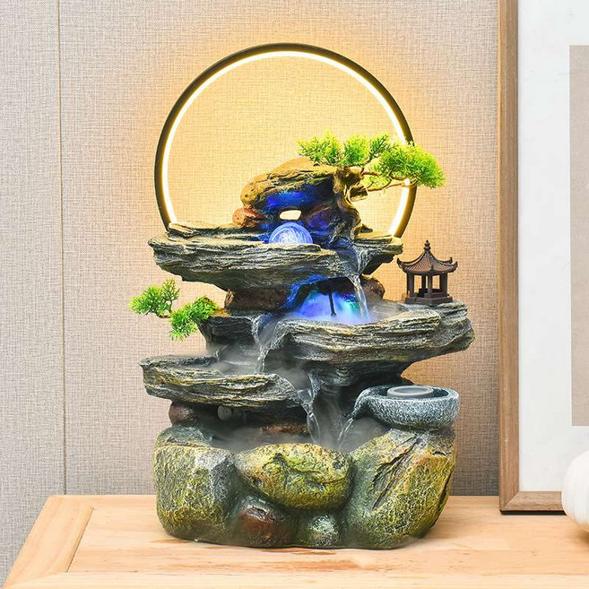실내 분수대 LED 무드등 인테리어 장식 가습 소품 힐링 오브제 인공폭포 물소리 장식품 실내 장식, 고산 유수 소형 램프+안개 포함