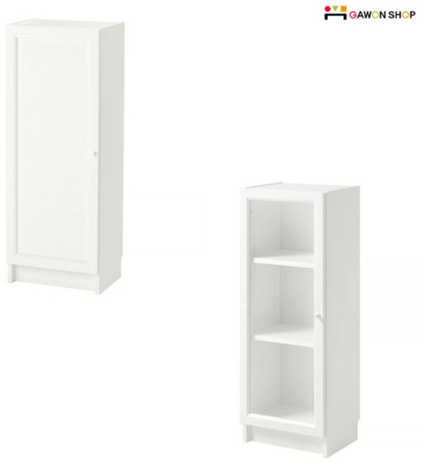 이케아 BILLY/OXBERG 도어가 있는 여닫이 수납장/책장, 화이트-화이트