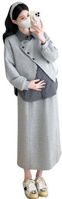 임산부 스커트 투피스 세트 봄 가을 임부 심플 스트라이프 레이어드 자켓 + 스커트 세트 캐주얼 오피스룩 JS