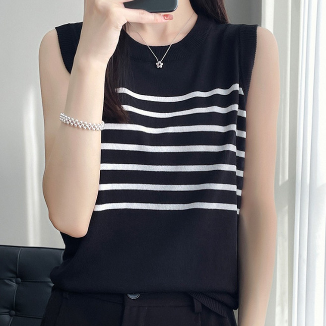 에리페 여성용 아이스 스트라이프 얇은 니트 민소매