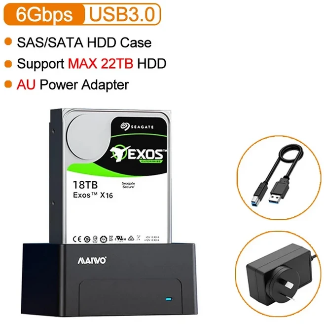 MAIWO SAS 하드 드라이브 도킹 스테이션 2.5 인치 HDD 디스크 CaseSATA USB 12V 전원 어댑터 포함, 08 Black AU Plug