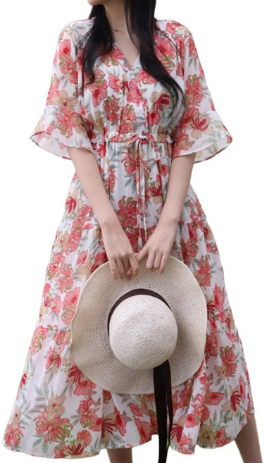 메리앤유 플라워프린팅 프릴소매 랩원피스 빅사이즈 휴양지룩