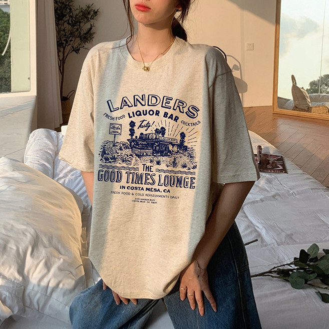 cammello 블루 타이포그래피 프린팅 반팔 티셔츠 오버핏 반팔티 면티 박스티