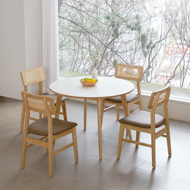 밀키우드 1000 원형 핸즈라탄 4인 주방 식탁 세트 카페 인테리어, 카푸치노PU