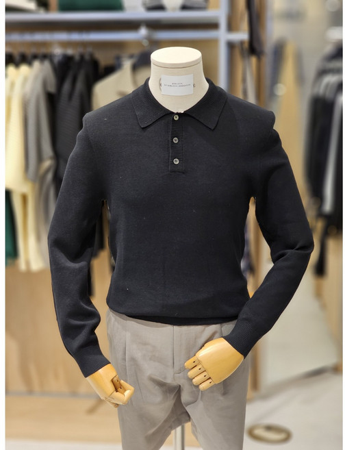 킨록 블랙 면혼방 긴팔 니트 버튼카라 티셔츠 JHW04