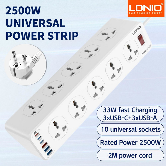 LDNIO 멀티 10구 콘센트 2M 필터 스트립 소켓 서지 충전 네트워크 케이블 C 범용 USB 보호기 파워 플러그 연장 어댑터, Upgraded Version EU, 1