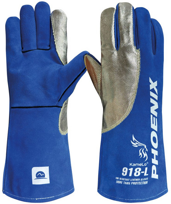 카멜로 아라미드 4중 원단 캠핑 화로대 가죽 산소 용접 장갑 918-L, SILVER + BLUE, 1세트