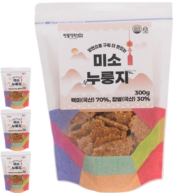 맛뜰정원 국내산 양면으로 직접 구운 수제 가마솥 맛 찹쌀 누룽지, 300g, 3개