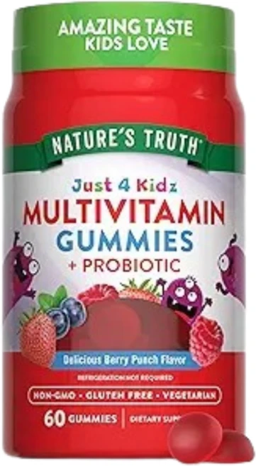 네이처스 트루스 Just 4 Kidz 종합비타민 + 프로바이오틱 천연 베리 펀치 맛 식물성 구미젤리 60개, 1개, 60정 - 쿠팡
