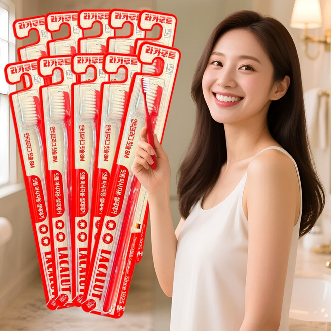 [100년역사와 기술 약국판매정품] 라카루트 8M 빨강 안티프라그칫솔 특수슬림모 치태 설태제거중심 10개, 2세트, 5개입