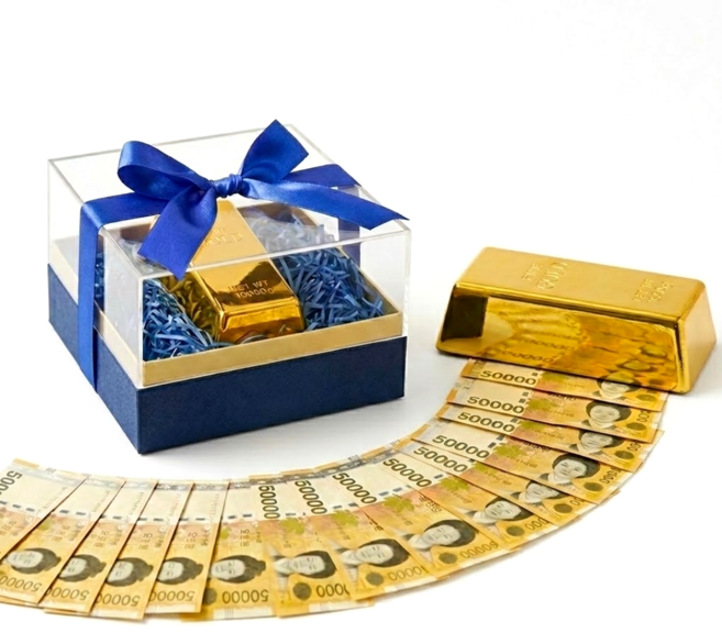 (고급 선물 상자 포함) 더심플러 돈나오는 반전 골드바 용돈박스 엄마 아빠 서프라이즈 생신 선물 설날 이색 모형 금괴 돈봉투 퇴직 퇴임식 첫월급 현금, 1개