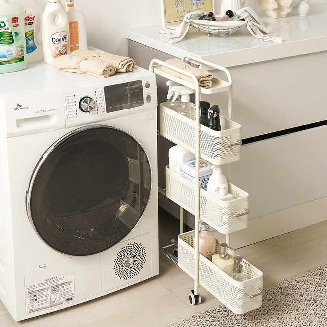 동화속나무 슬라이드 세탁실 트롤리형 이동식 틈새수납장, 화이트, 4단