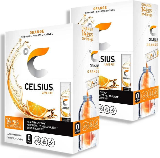 1+1=2 [Celsius] 셀시어스 라이브 핏 온 더 고 에센셜 에너지 파우더(무설탕) 14개입 (Orange 오렌지맛), 2박스, 71.5g - 쿠팡