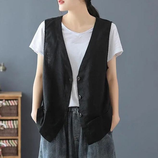 FANSYLI 여성 린넨 베스트 여름 조끼 면마 통기 정장 조끼 빅사이즈 루즈핏 자켓 데일리룩 X2604A7