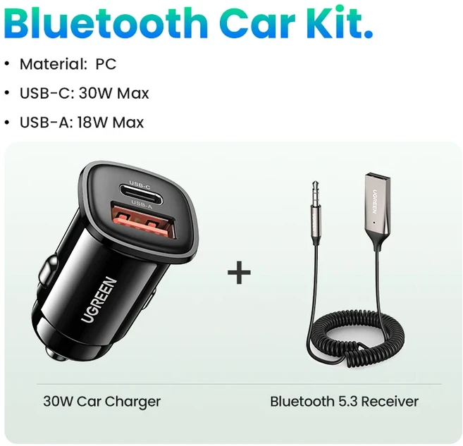 UGREEN 블루투스 수신기 5.3 어댑터 핸즈프리 자동차 키트 AUX 오디오 USB ~ 3.5mm 잭 카 스테레오 스피커, 03 BT5.3 Car Kit 2, 01 빠른, 01 V5.3