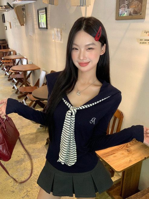 莫代爾 海軍領長袖T恤 女 藏青色
