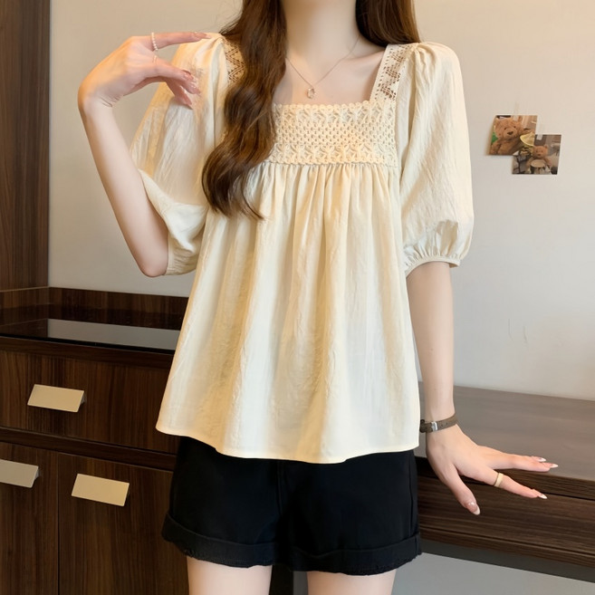 Makone 여성 스퀘어넥 펀칭 빅사이즈 셔츠 펀칭 퍼프 소매 트랜드 스타일리시 루즈핏 반팔 블라우스