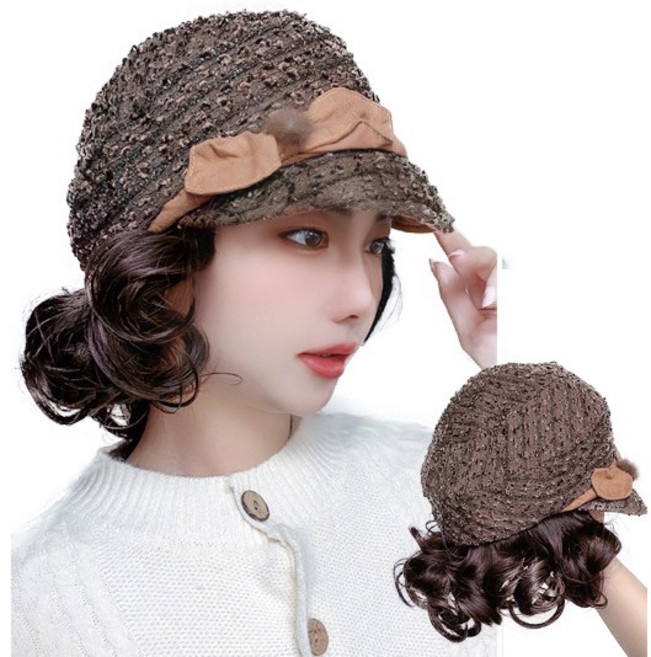 이쁘다샵 가발위드 통기성 좋은 중년 반짝이 리본 모자가발, 브라운 다크브라운, 1개