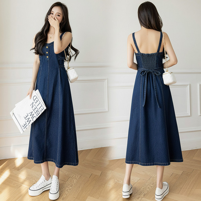 牛仔背帶連衣裙 中長款A字裙 顯瘦 大尺碼可穿 清新甜美風 復古減齡, 深藍色,M