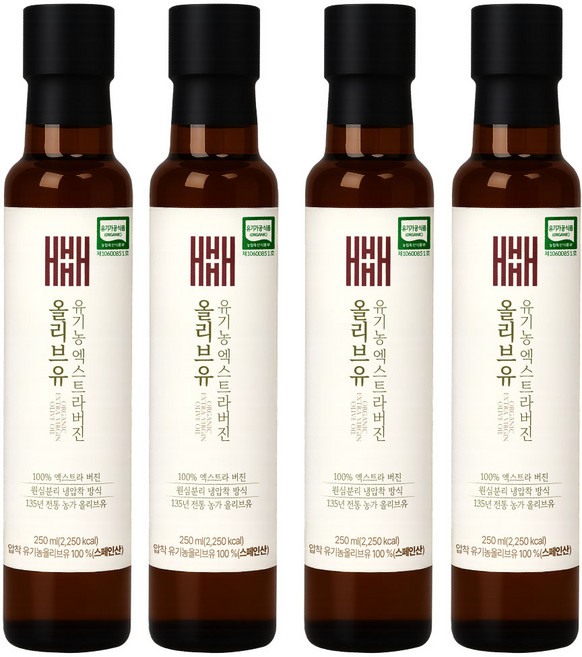 헤밀레 유기농 올리브오일 냉압착 엑스트라버진 올리브유, 4개, 250ml