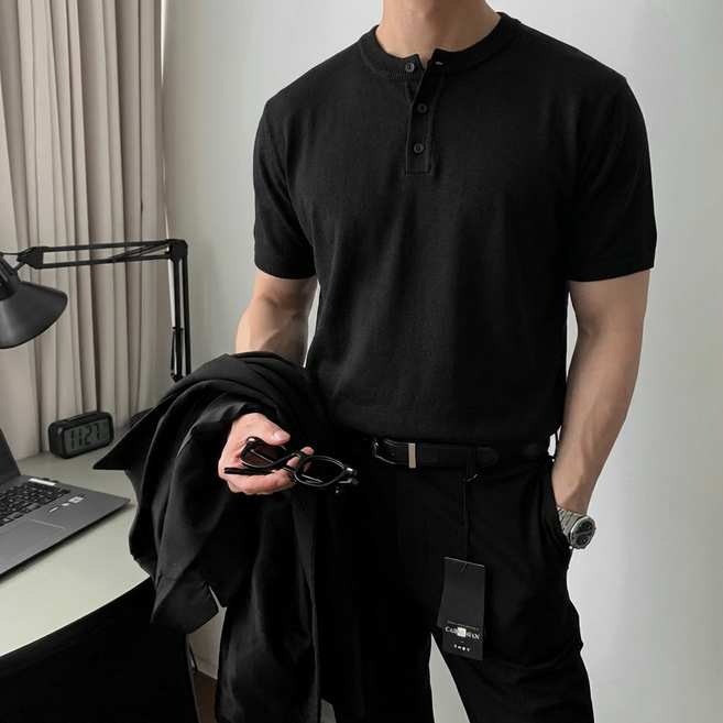 ANYOU 남성 여름 니트 반팔 티셔츠 라운드넥 데일리 캐주얼 상의 베이직 티셔츠