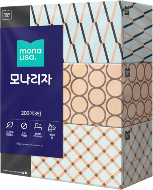 모나리자 천연펄프 미용티슈 2겹, 200매, 3개