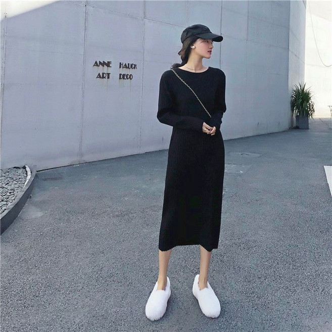 Your 韓版寬松顯瘦長袖針織連衣裙 秋冬 中長款毛衣裙, 黑色,2XL 建議62-72公斤