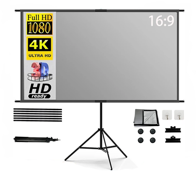 VEIDADZ 4K ALR 빔프로젝터 스크린 삼각대 세트 고반사 고명암비 가정용/영화관용 접이식 이동형 + 거치대 포함, 84형, 16:9