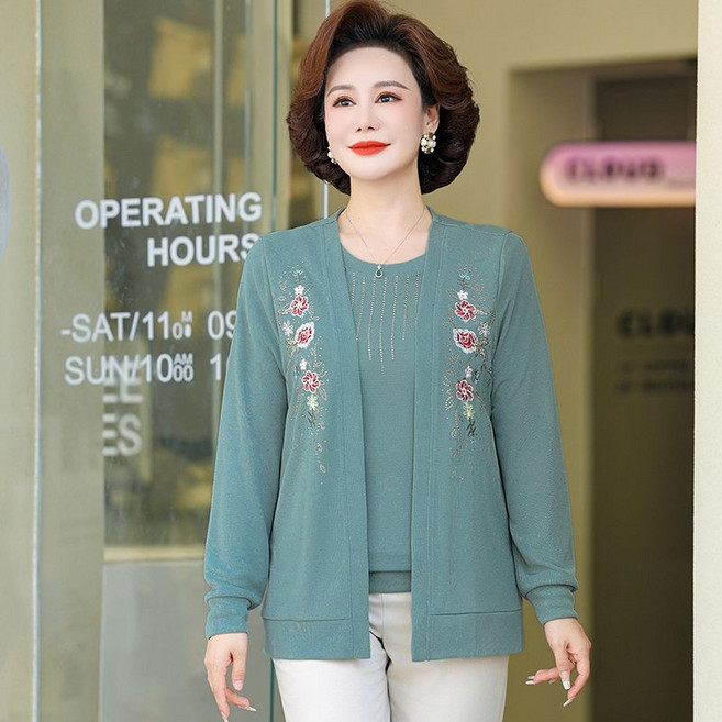 봄 가을 중년 여성 가디건 세트 캐주얼 긴팔티 + 니트 가디건 투피스 세트 기질 엄마옷 상의 CY