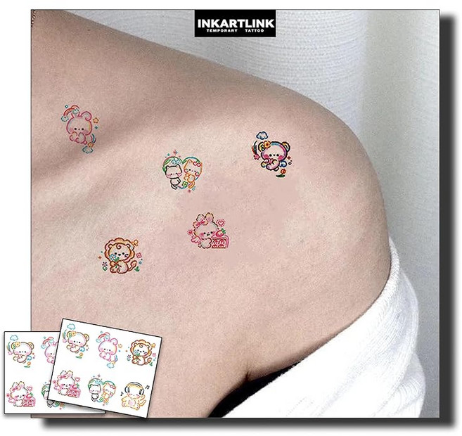 INKARTLINK 15일 지속 타투 스티커 귀여운 토끼 2매 세트 귀여워. 세련된 일시적인 바디 스티커 일시적인 타투 스티커 파티용 행사에 최적