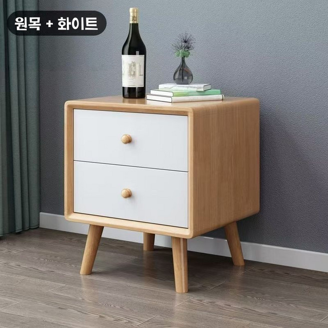 원목 협탁 심플 모던 정장 침실 간이 소형 수납장 가정용 수납장 침대 침대옆선반 2단서랍 45cm, 1개, 오크색 +흰색