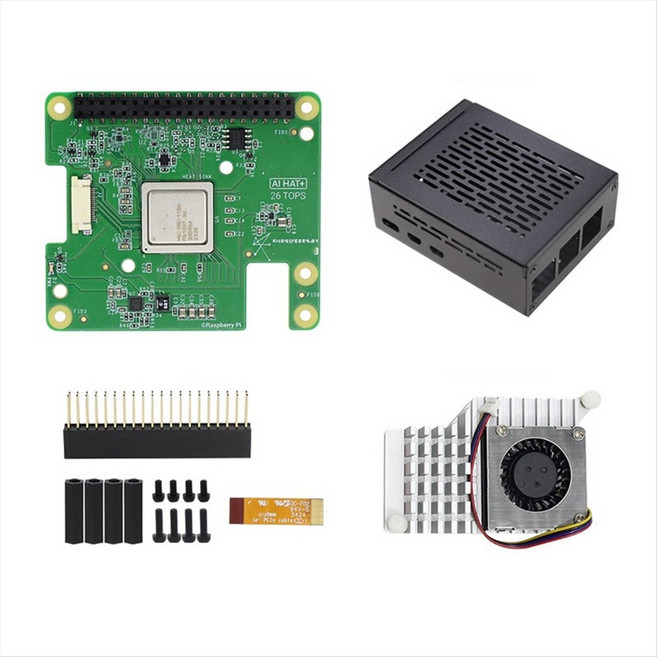 Raspberry Pi 5 AI Hat+ 26 Tops Hailo-8 AI Accelerator Module Active Radiator 알루미늄 합금 케이스, 그린 &amp; 블랙 &amp; 실버