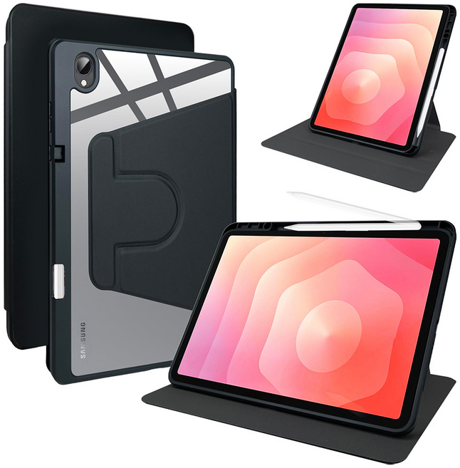 디상커 갤럭시 탭 720도 회전 단색 투명 펜슬수납 태블릿 케이스 S11 울트라/S11/S10 FE+/S9 FE+/S9 FE/A11+/A9+ 14.6/13.1/12.4/11인치, 블랙, 1개