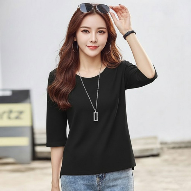 히트그램 간절기 루즈핏 면스판 라운드넥 7부 티셔츠