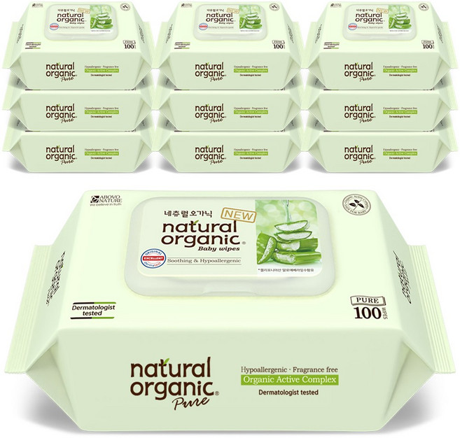 네츄럴오가닉 퓨어 플레인 유아물티슈 스마트캡형, 45g, 100매, 10개