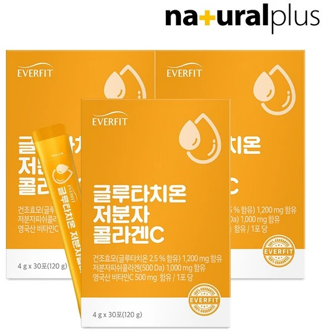 내츄럴플러스 에버핏 글루타치온 어린 저분자 피쉬 콜라겐 비타민C 30포 3박스 / 엘라스틴, 120g - 쿠팡