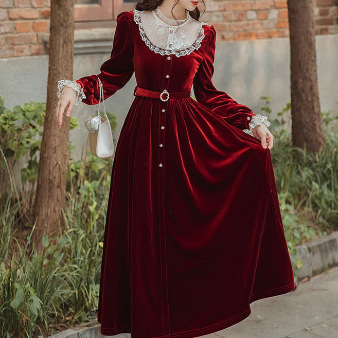 (대여) 리얼레드 벨벳 라운드레이스 원피스 경성의상