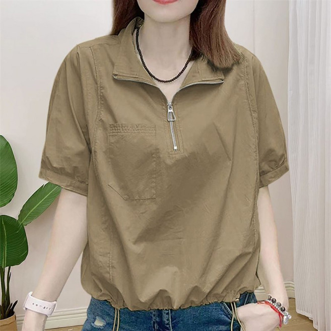 ROYALBELLE 여성 반집업 카라넥 포켓 루즈핏 캐주얼 밑단 스트링 베이직 반팔 숏 셔츠 K040911