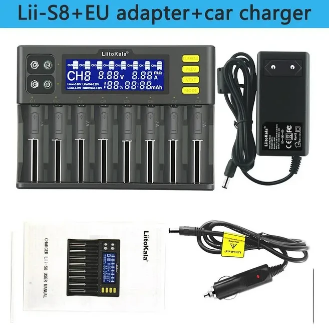 LiitoKala Lii-S12 S6 S4 18650 21700 26650 9V 배터리 충전기 LCD 1.2V 3.8V IMR NiMH/Cd AA 14500, 02 S8 and CAR, 01 S8 and car_02 US