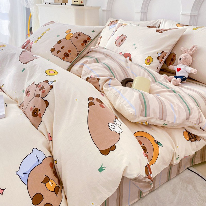 ins 바람 봄여름 캐릭터 면사포세트 순면100 코튼 이불커버 싱글 침대 가사형 숙소 3종