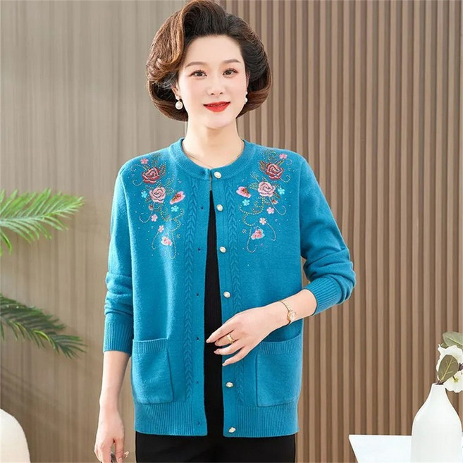 TKX 중년 할머니 니트가디건 꽃무늬 가을 겨울 따뜻한 편안한 요양원 아우터 KY97