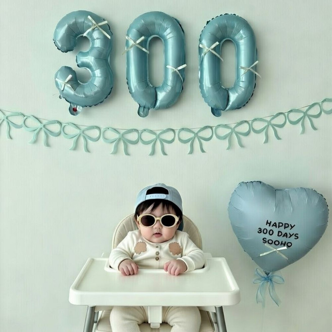 히얼투파티 아기 200일 셀프 촬영 소품 50일 100일 300일 500일 1000일, 1세트, 28.리본기념일_블루_300일