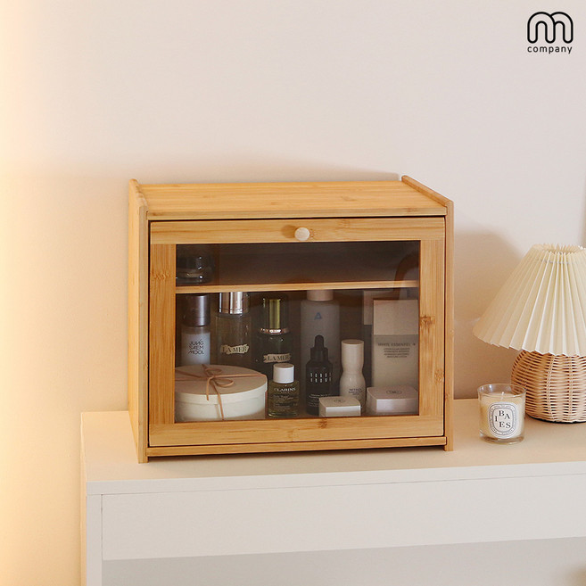 M컴퍼니 원목 화장품 정리함 특대형 2단 수납함 정리대 메이크업 박스 화장대 수납 서랍 선반 정리 트레이 보관함 향수 진열대 우드 투명 엔틱 RI190204L_Kx347502QBT, 1개